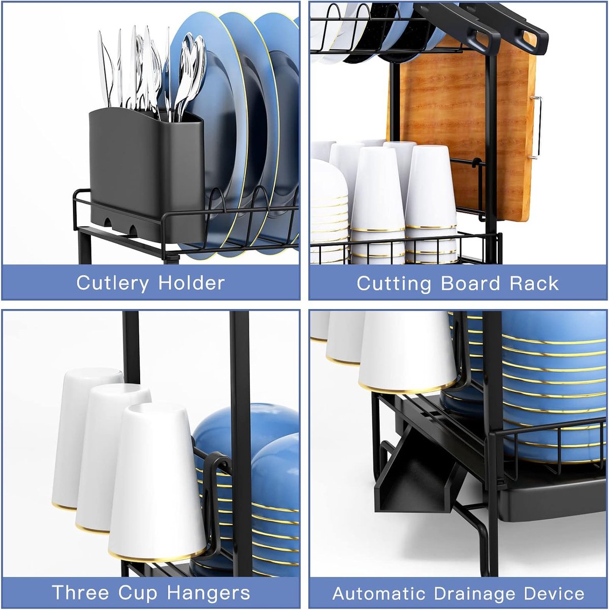 Goedkoopste afdruiprek voor vaat, 2 etages afdruiprek voor vaat met afdruiprek en bestekmandje, automatisch afdruiprek voor vaat, keukenafwasrek (zwart