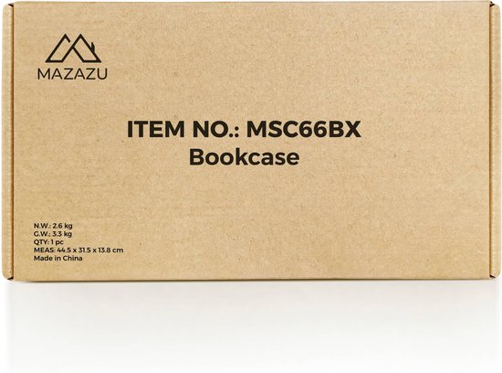 Bruine kartonnen verpakking met het MAZAZU logo. "ITEM NO.: MSC66BX Bookcase" vermeld.