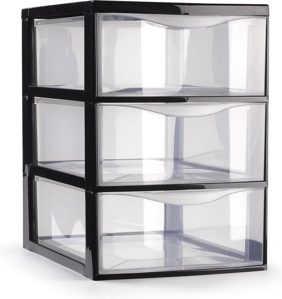 Plasticforte Ladeblokje/bureau organizer met 3x lades - transparant/zwart - L18 x B25 x H25 cm