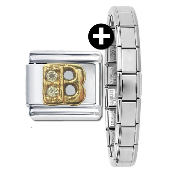 Schakel - Bedel - Letter B - Plus Armband - met strass - 9mm- Geschikt voor Nomination armband - Plated