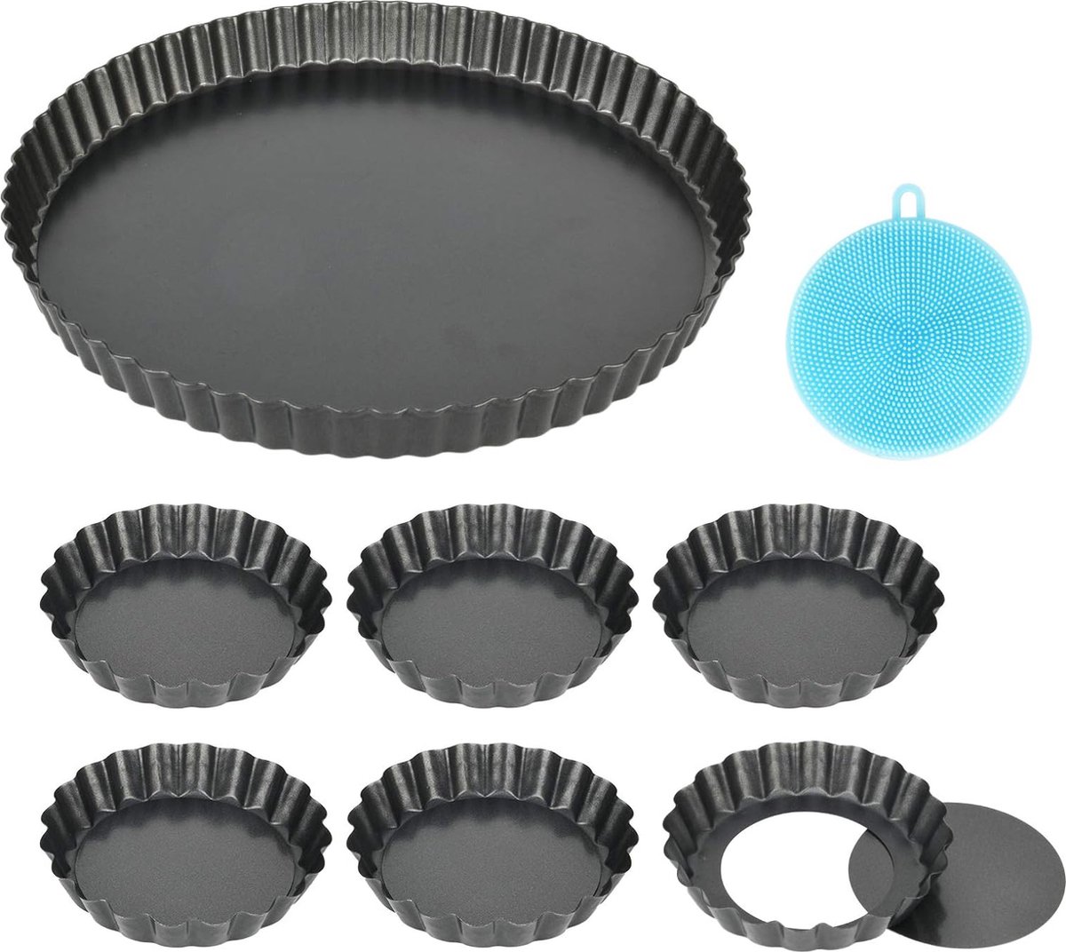 7 stuks taartvormen met hefbodem, anti-aanbaklaag, quichevorm, klein, 10 cm x 6 en 28 cm / 11 inch X1 ronde pie vorm, tartelette vormpjes van koolstofstaal (10 cm × 6 + 28 cm × 1)