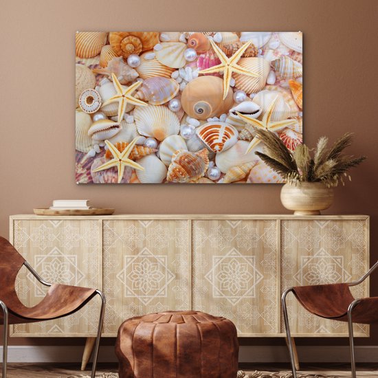 Peinture sur verre - Photo sur verre - Coquillage - Perles - Étoile de mer - Décoration murale - 90x60 cm - Peinture sur verre - Décoration murale - Photo sur verre - Peinture sur verre plage - Verre acrylique