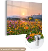 MuchoWow® Glasschilderij 120x90 cm - Schilderij acrylglas - Bloemen - Zonsondergang - Berg - Foto op glas - Schilderijen