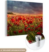 MuchoWow® Glasschilderij 80x60 cm - Schilderij acrylglas - Zonsondergang - Klaprozen - Rood - Bloemen - Veld - Natuur - Foto op glas - Schilderijen