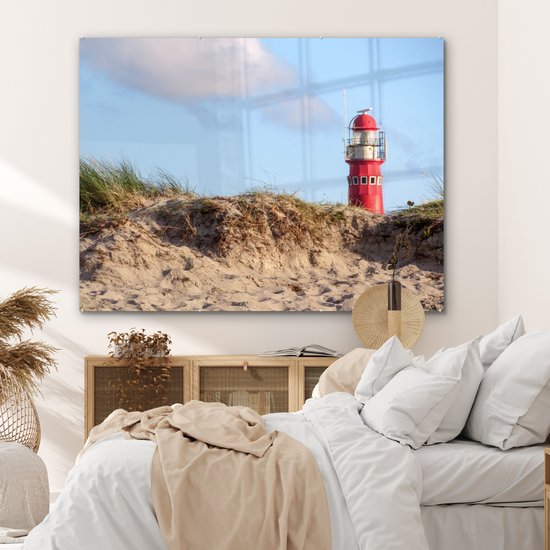 MuchoWow® Glasschilderij 160x120 cm - Schilderij acrylglas - Strand - Vuurtoren - Duin - Foto op glas - Muurdecoratie woonkamer - Wanddecoratie slaapkamer - Schilderijen