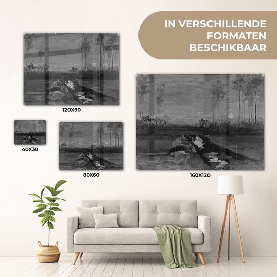 MuchoWow® Glasschilderij 160x120 cm - Schilderij acrylglas - Landschap in de schemering - Vincent van Gogh - Zwart - Wit - Foto op glas - Schilderijen