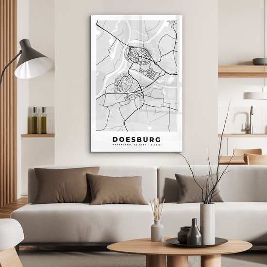 Peinture sur verre MuchoWow® 60x90 cm - Peinture acrylique sur verre - Doesburg - Nederland - Carte - Plan de ville - Zwart et Wit - Photo sur verre - Peintures