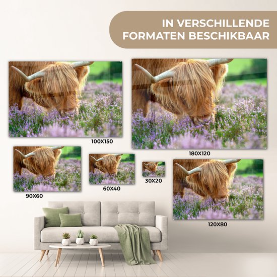 MuchoWow® Peinture sur verre 120x80 cm - Peinture sur verre acrylique - Highlander écossais - Herbe - Bruyère - Animaux - Photo sur verre - Peintures