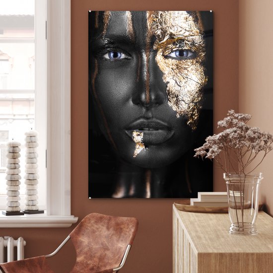 MuchoWow® Tableau sur Verre - Femme - Feuille d'Or - Zwart - Or - Luxe - 80x120 cm - Peintures sur Verre Acrylique - Photo sur Glas