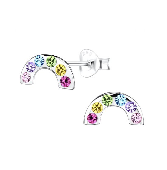 Oorbellen meisje | Oorbellen kind | Zilveren oorstekers, regenboog met gekleurde kristallen