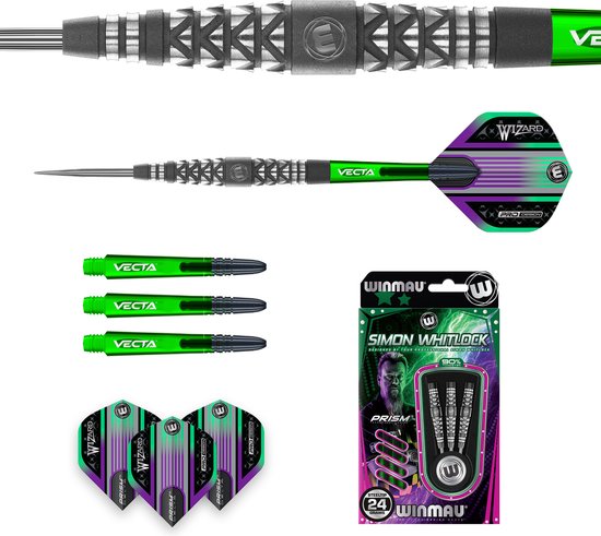 Darts Set 22g 24g Winmau Simon Whitlock Silver Darts, 90% Tungsten, Prism Force Stems Dart Zone