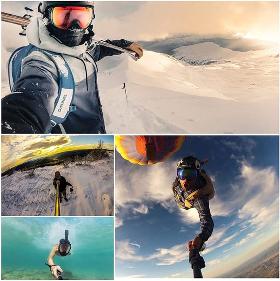 Collage van beelden van actie-camera gebruik: skiën, wandelen, skydiven en onderwater.