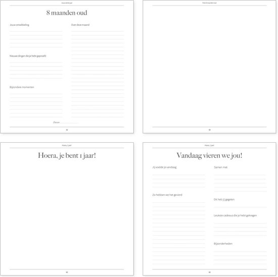 Boekpagina's met '8 maanden oud', 'Hoera, je bent 1 jaar!' en 'Vandaag vieren we jou!' met invulvelden.