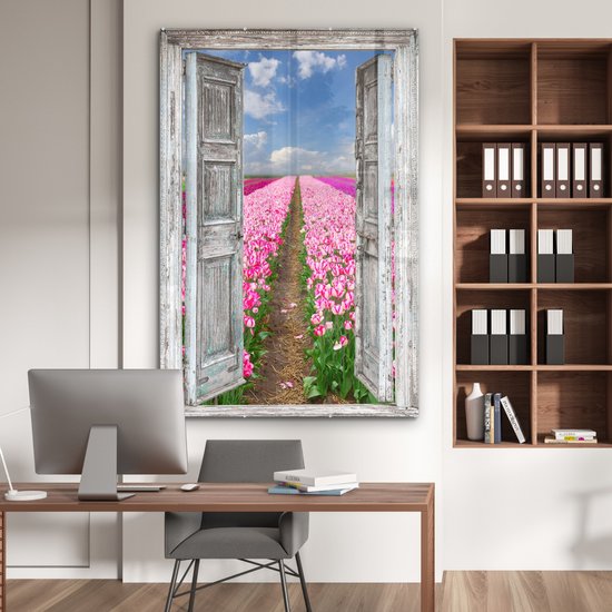 MuchoWow® Glasschilderij 100x150 cm - Schilderij acrylglas - Bloemen - Tulpen - Doorkijk - Regenboog - Foto op glas - Muurdecoratie woonkamer - Wanddecoratie slaapkamer - Schilderijen