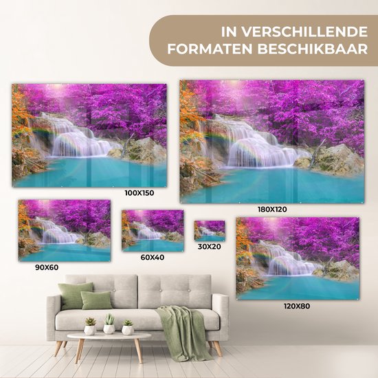 MuchoWow® Peinture sur verre 30x20 cm - Peinture sur verre acrylique - Cascade - Arbres - Arc-en-ciel - Violet - Photo sur verre - Peintures