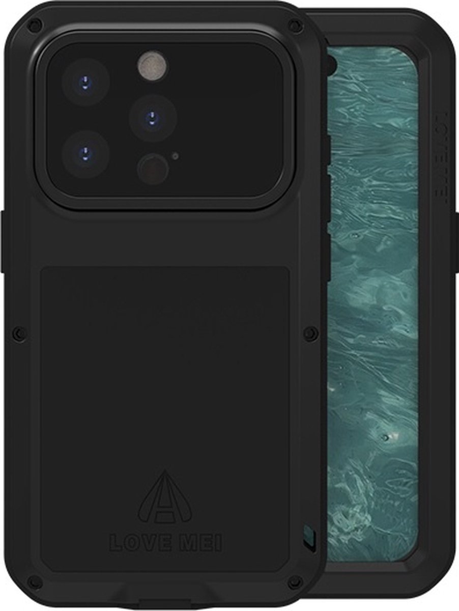 Love Mei Case geschikt voor iPhone 15 Pro - Metalen Extreme Protection Hoes - Zwart