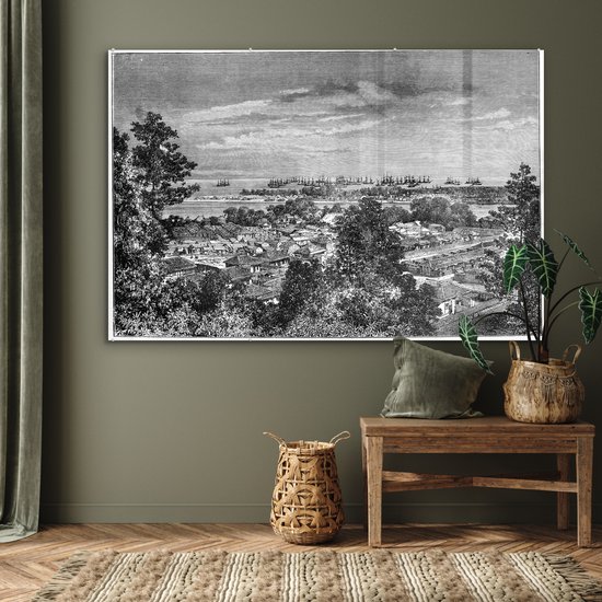 MuchoWow® Peinture sur verre 180x120 cm - Peinture sur verre acrylique - Illustration Zwart et blanc de Yokohama au Japon - Photo sur verre - Peintures