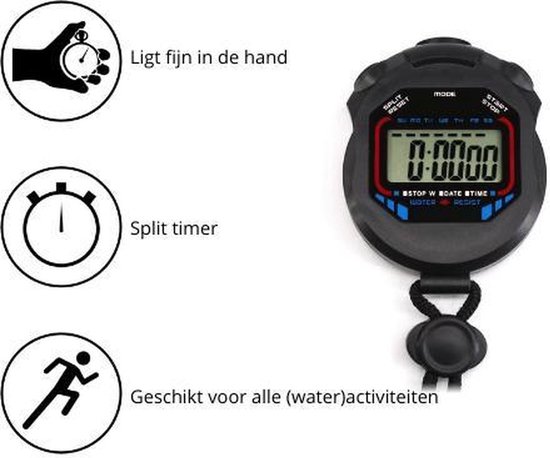 Demtex - Stopwatch - Hardlopen - Sport - Water Bestendig -Timer | Zwart - Demtex