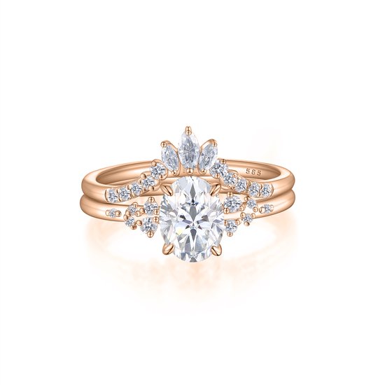 Ethereal Elegance Set - 14k Roségouden Ovaline & Serenella Moissanite Bruidsset Met Marquise Accenten 3 Karaat