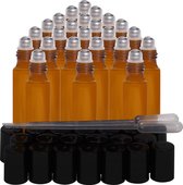 Belle Vous Bruin Glazen Roller Flesjes met 2 Droppers (24 Pak) – 10ml Essentiele Olie Flessen set met Roestvrij Stalen Rol Balletjes – Navulbare Lege Flessen voor Aromatherapie en Olies