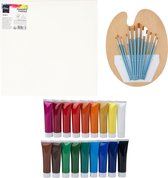 Complete hobby schilderij maken verf set - met canvas schildersdoek van 30 x 30 cm - penselen set met palet - 18 kleuren verf