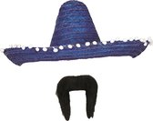 Carnaval verkleed set - Mexicaanse sombrero hoed dia 50 cm met plaksnor - blauw - heren