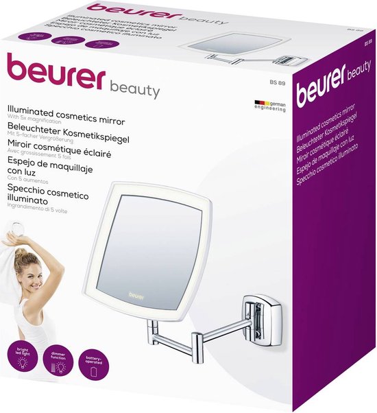 Beurer BS 89 Make up spiegel - LED verlichting rondom - Wandspiegel - Muurmontage - 5x Vergroting - Vierkant 16 x 16 cm - Dimmer - Incl. batterijen - 3 Jaar garantie - Beurer