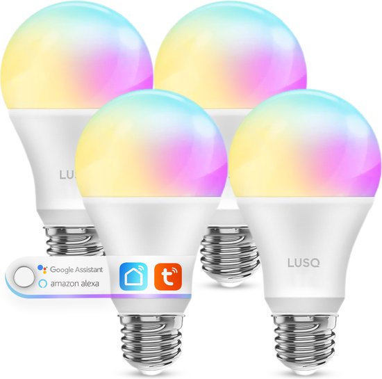 LUSQ® Smart Lamp E27 – 4 Stuks Slimme verlichting – RGB 16 Miljoen Kleuren – Voor Google Home en Amazon Alexa – Voice Control – Incl. App