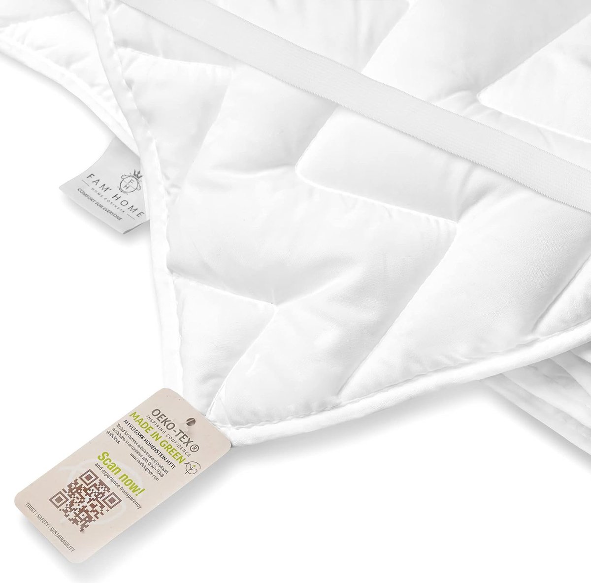 FAM Home Mattress Protector 180 x 200 cm Washable - Made in Green Certified Quilted Mattress Topper - White Hygienic Mattress Cover - Cover Made of Soft Hypoallergenic Microfibres