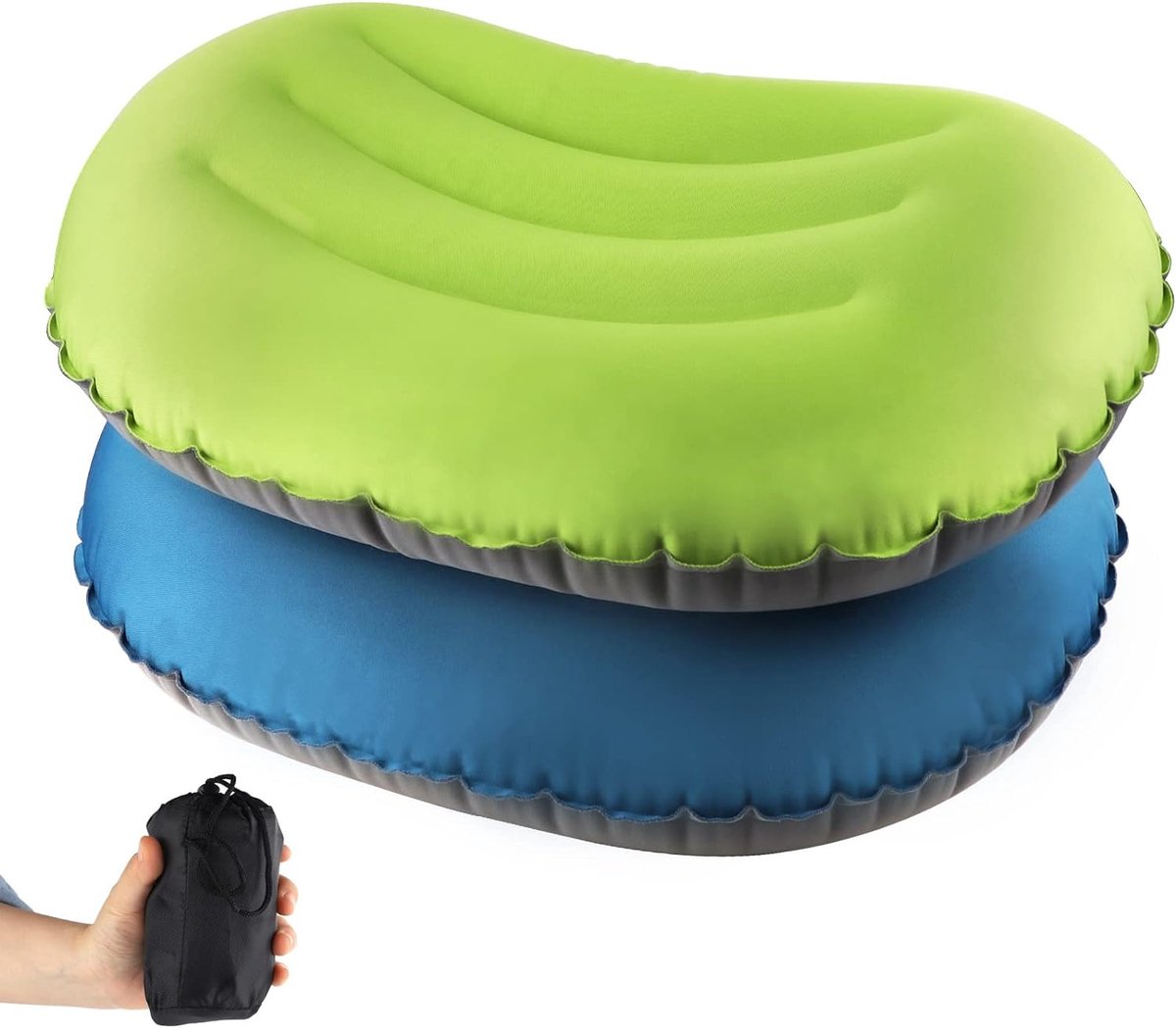 Opblaasbaar kussen, campingkussen, ultralicht, reiskussen, strandkussen, nekkussen, opblaasbaar, compact, opblaasbaar kussen voor strand, luchtkussen, camping, donkerblauw + groen
