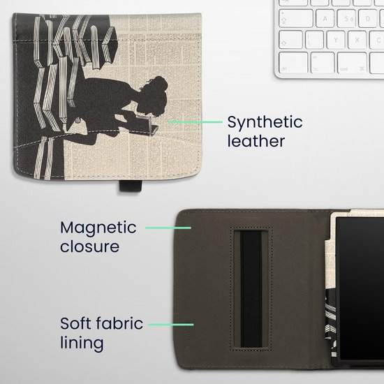 kwmobile flip cover geschikt voor Pocketbook Era / Era Color - Hoes met handgreep en voorvak voor e-reader - Book case in zwart / beige - Meisje met boeken design van Merkloos — afbeelding 3