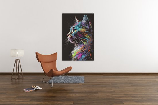 Canvas Schilderij Dieren - Kleurrijke Kat - Wanddecoratie - 60x40x2 cm