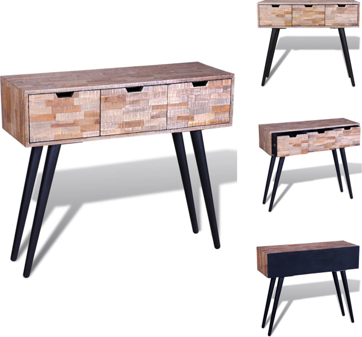 vidaXL Wandtafel - met - 3 - lades - gerecycled - teakhout zwarte poten en diverse tinten teak voor het tafelblad