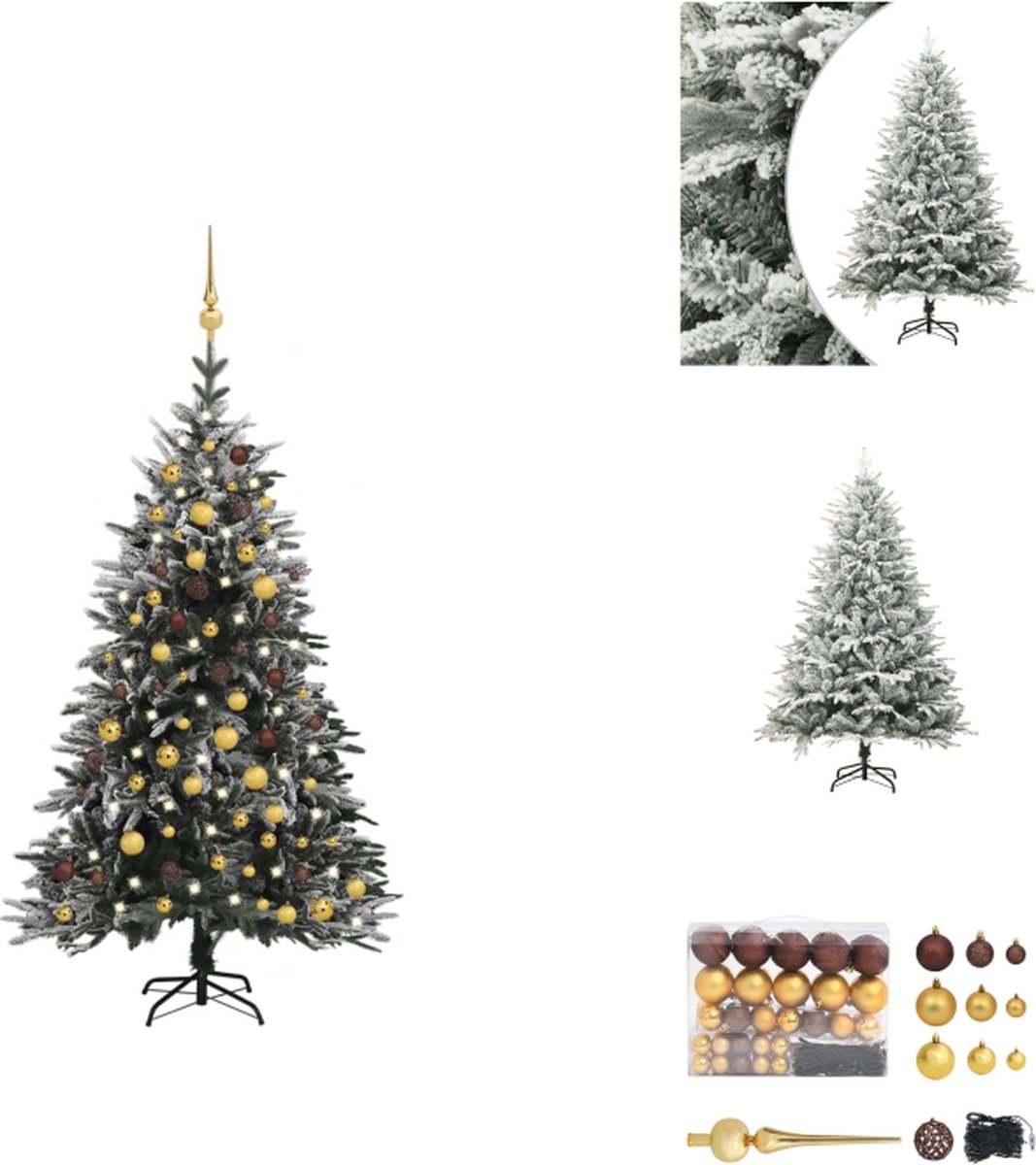 vidaXL Kunstkerstboom - Sneeuw - 180 cm - PVC/PE - LED-verlichting - Gouden kerstballen - Decoratieve kerstboom