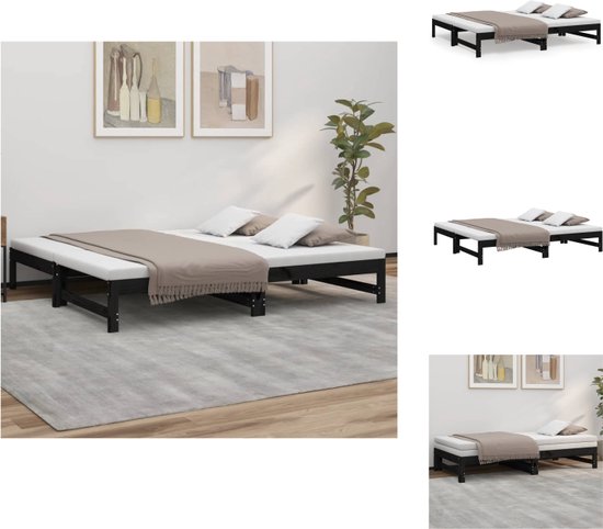 vidaXL Logeerbed - Massief grenenhout - Uitschuifbaar bed - Gelat ontwerp - Eenvoudig gebruik - Zwart - 195.5x148x30cm - Bed