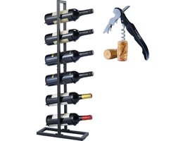 Lendo Online Wijnrek voor 6 flessen 17x21x84cm (LxBxH) - Wijnkast - Wijnfleshouder - Wijnopslag met kurkentrekker - zwart Poedercoating Metaal Staal Flessenrek Industriële stijl