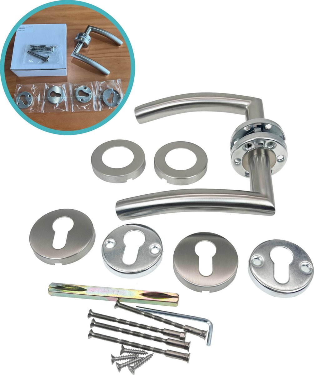 Kierr® Deurklink Curved - Roestvrijstalen Deurkruk met Sleutelgat - Modern Deurbeslag met Gebogen Handvat - Zilver - RVS - Inclusief Ronde Rozetten