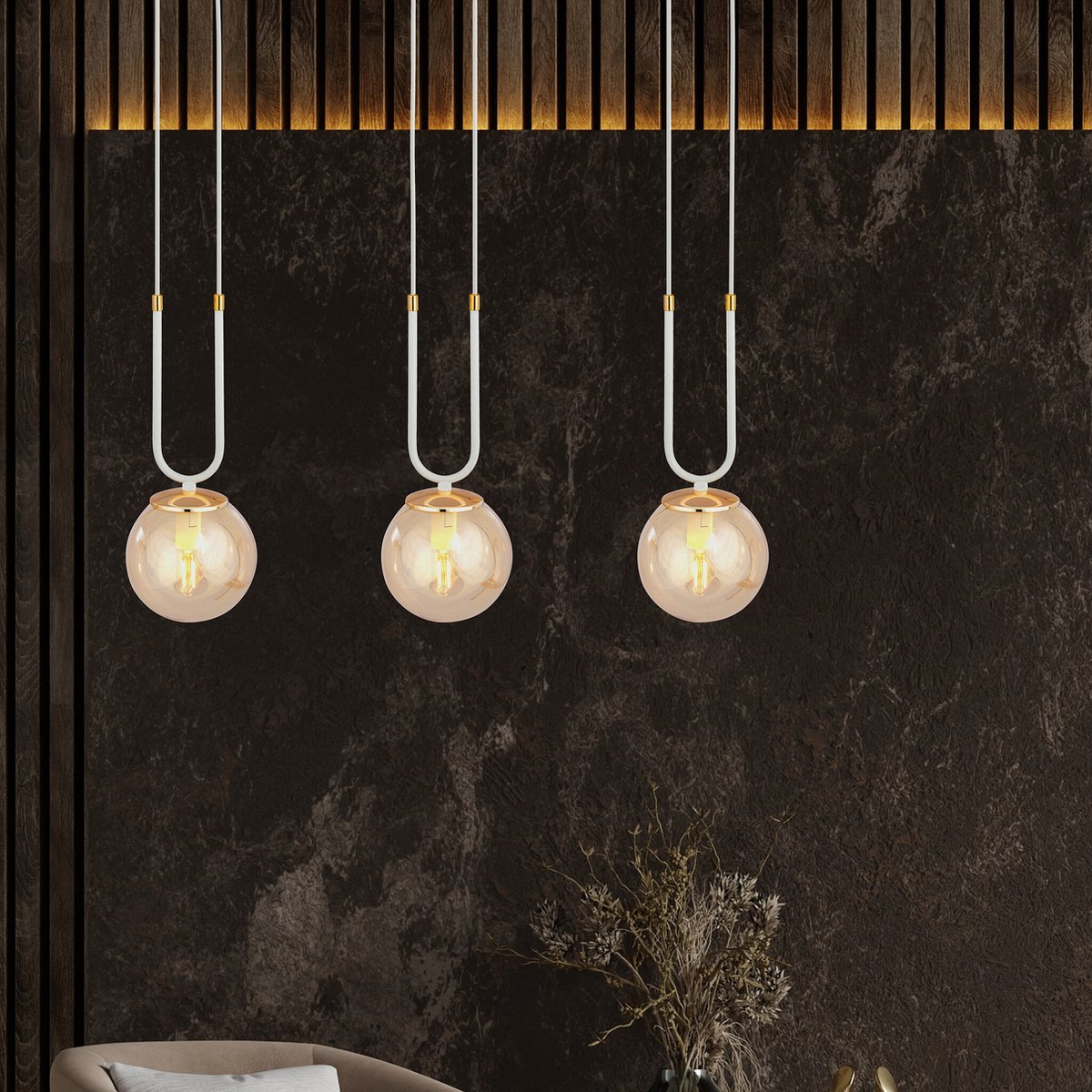 Emibig Aarhus witte 3 lamp hanglamp met amber glas E14 70 cm breedte - Perfect voor een stijlvolle inrichting