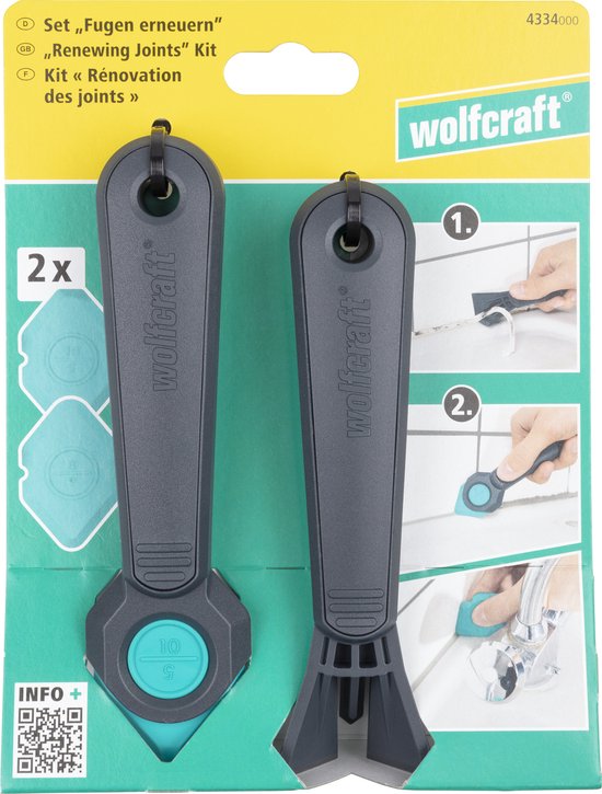 Grijze wolfcraft kitverwijderaar en kitstrijkset in doorzichtige verpakking met twee turkooizen strijkertjes.