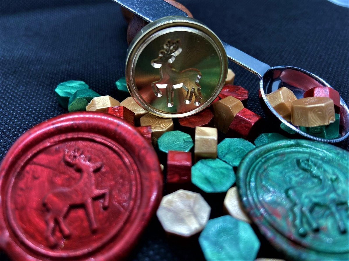 SET: Waxzegels / Lakzegels, smeltlepel & stempel Hert voor het maken van een lakstempel - Goud/Bordeaux Rood/Groen Kerst!