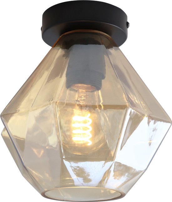 Olucia Anoek - Retro Plafondlamp - Aluminium/Glas - Amber;Zwart - Overig - 20 cm