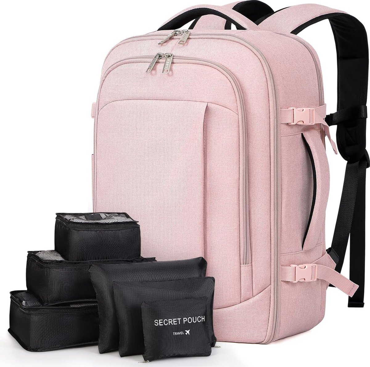Grote rugzak voor heren en dames, 17 inch laptoprugzak, handbagage, rugzak, reisrugzak met 6-delige kledingtassen voor vakantie, business, werk, reizen, roze, Rugzak