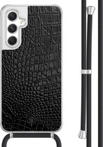 Casimoda® - Coque Samsung A54 avec cordon - Croco noir - Cordon amovible - TPU/acrylique - Zwart