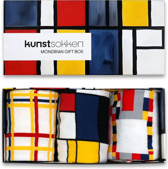 Kunstsokken - Piet Mondriaan Cadeauset - 3 Paar Vrolijke Sokken - Maat 36-40