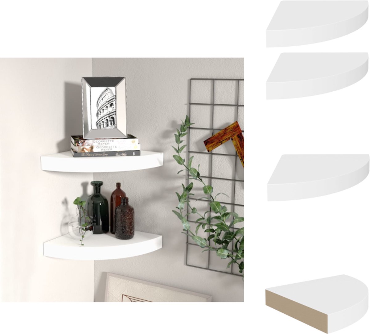 VidaXL Hoekschap Hoogwaardige Honingraat MDF en Metaal Wit 25 x 25 x 3.8 cm Stijlvolle wandplanken Wandsteun