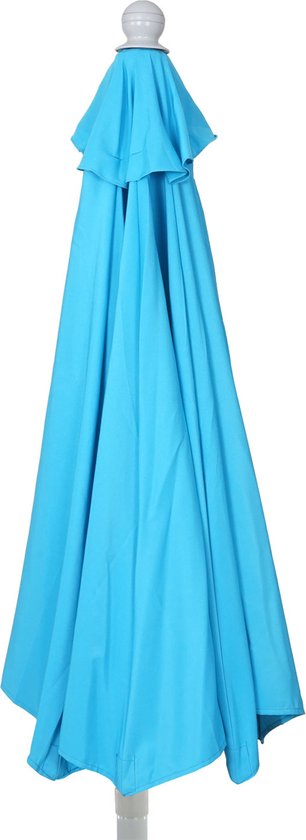 Turquoise parasol, gesloten, met grijze stok en mechanisme. UV 50+ polyester.