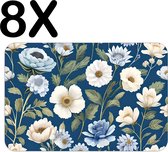 BWK Luxe Placemat - Blauw - Wit - Bloemen Patroon - Set van 8 Placemats - 45x30 cm - 2 mm dik Vinyl - Anti Slip - Afneembaar