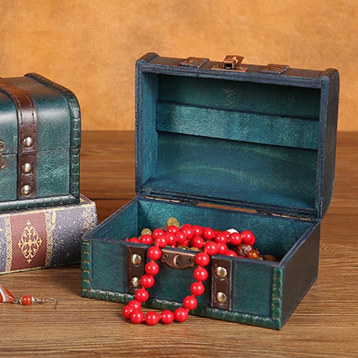 Vintage Schatkist, 16 X 12 X 9,5 Cm Piratenkist, Schatkist Hout Klein Schatkist Van Hout Met Slot Voor Opslag En Decoratie Piratenschatfeest Groen
