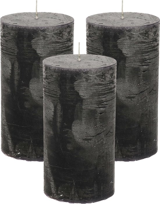 Stompkaars/cilinderkaars - 3x - zwart - 7 x 13 cm - rustiek model
