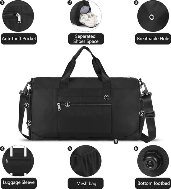 Sac de fitness pour hommes, noir, sac de sport, sac de sport, sac de sport avec compartiment à chaussures et compartiment humide, sac d'entraînement de fitness pour hommes et femmes, salle de sport/voyage/natation, 35 litres, noir